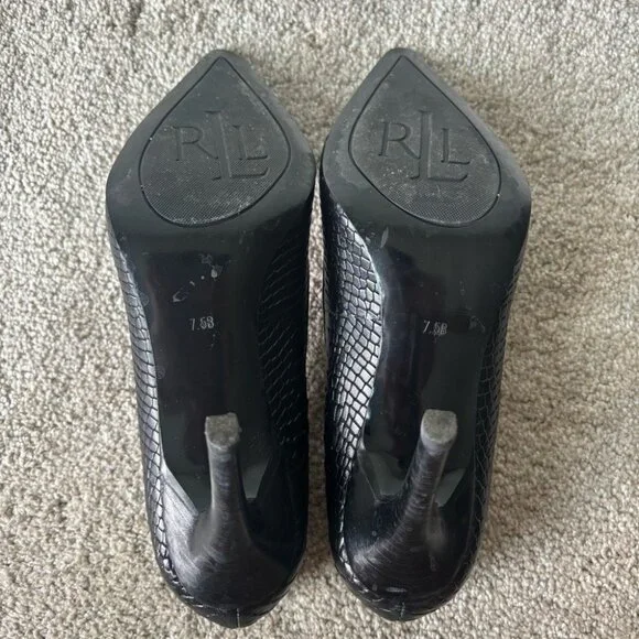 Lauren Ralph Lauren Black Snake Skin Embossed Pump Heel Pointed Toe Classy - Picture 8 of 9